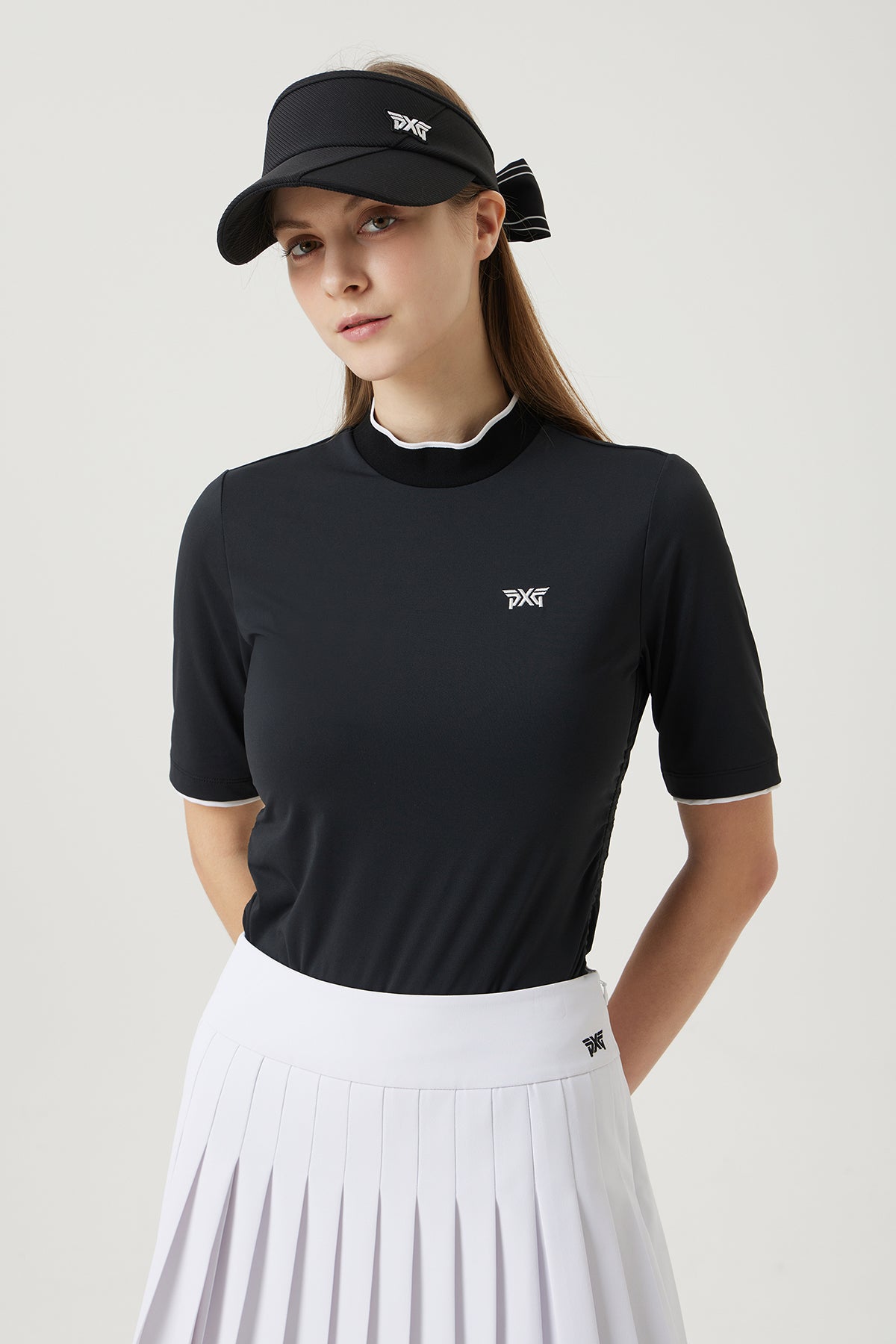 WOMENS SUMMER MOCK NECK SHIRRING SHORT-SLEEVE