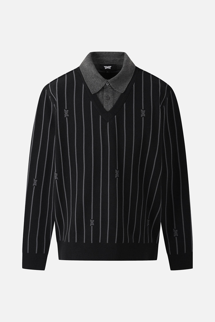 MNS STRIPE PATTERN COLLAR-LAYERED SWEATER