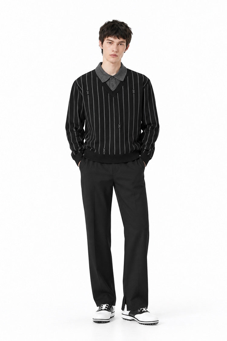 MNS STRIPE PATTERN COLLAR-LAYERED SWEATER